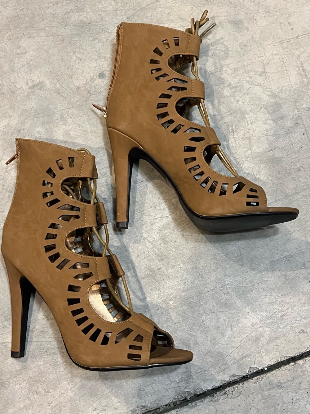 Women's Brown Cutout Lace-Up Peep Toe Heels